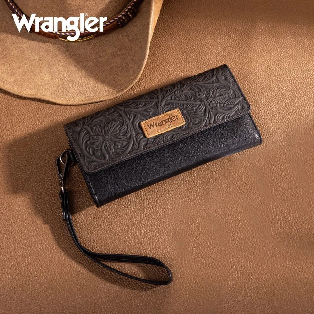 Wrangler Western Floral Tooled Tri-fold RFID Wallet/Wristlet Black